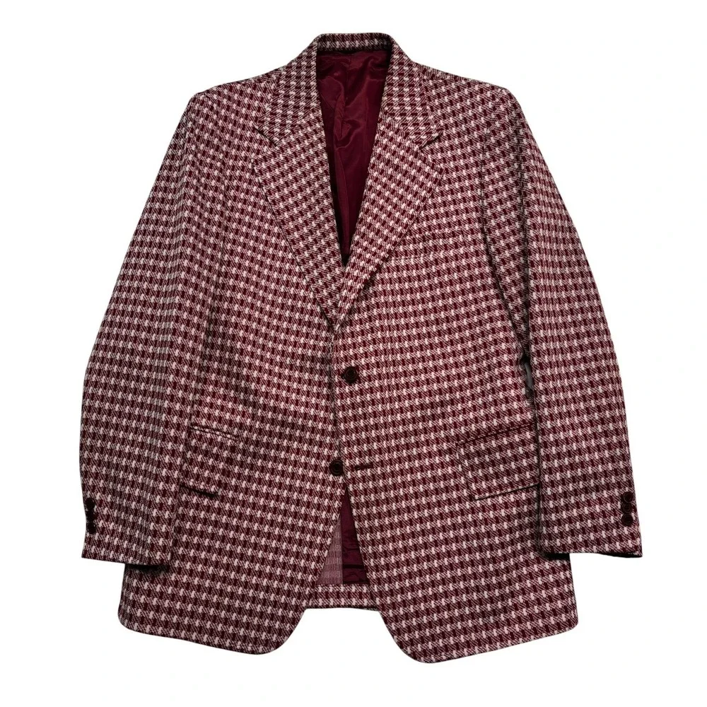 vtg 1970s Towncraft 44L Red White Check Blazer Jacket Sport Coat Knit Retro Wild